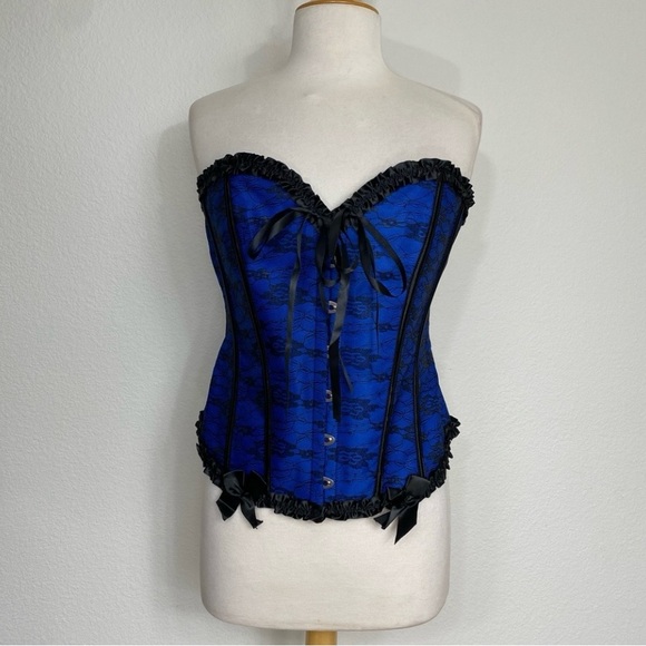 New Amazon Blue Black Lace Strapless Corsette + Thong Underwear Set Size XXL - Picture 1 of 15